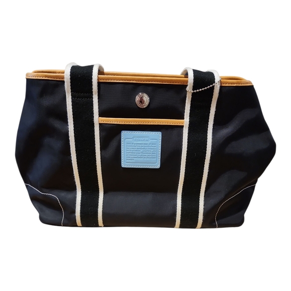 Vintage COACH Hampton Satchel Tote BLACK And Blue With Leather Trim - Picture 1 of 9